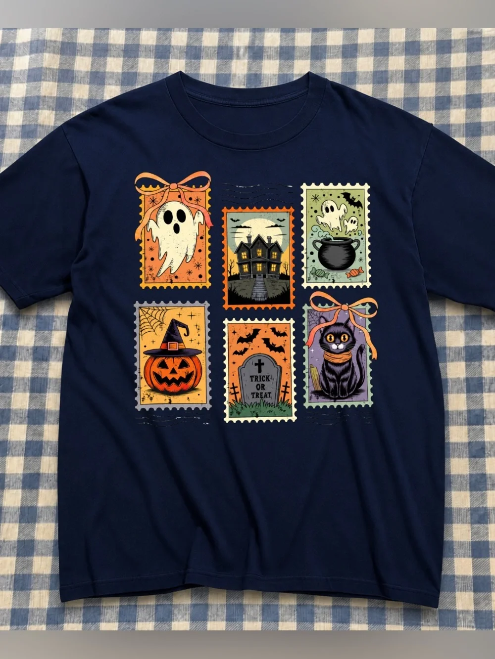 Vintage Halloween Stamp Graphic Costume Tee - Navy Gift For Women
